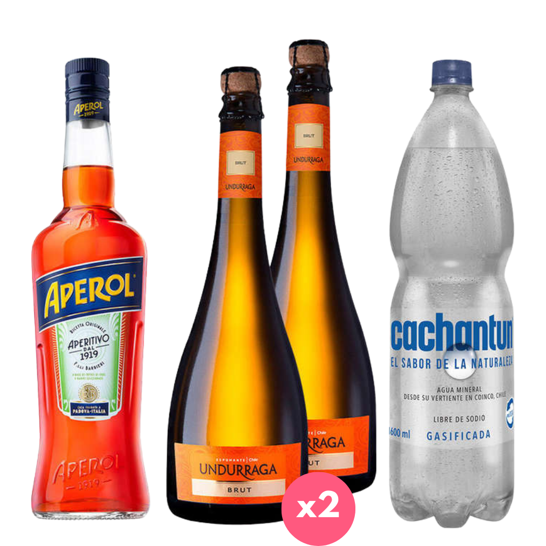 Pack PACK SPRITZ PERFECTO N°9 1x Licor Aperitivo Aperol 750cc + 2x Espumante Undurraga Brut + 1x Agua Mineral Cachantun Con Gas 1.6 Litros  ml